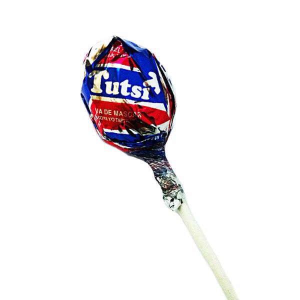 a chocolate lollipop on a stick with the word tutse printed on it