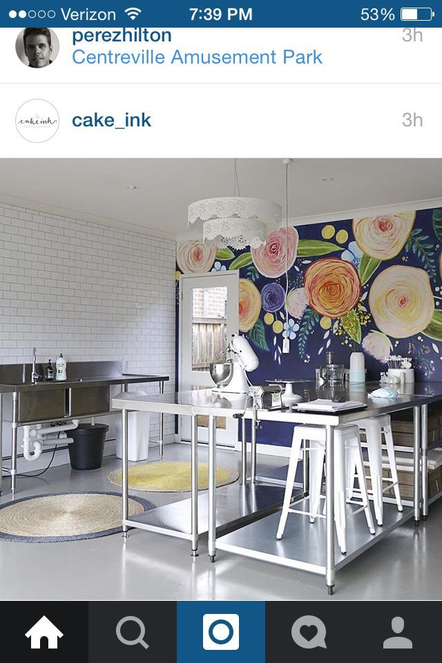 an industrial kitchen with floral wallpaper and stainless steel counter tops, white stools