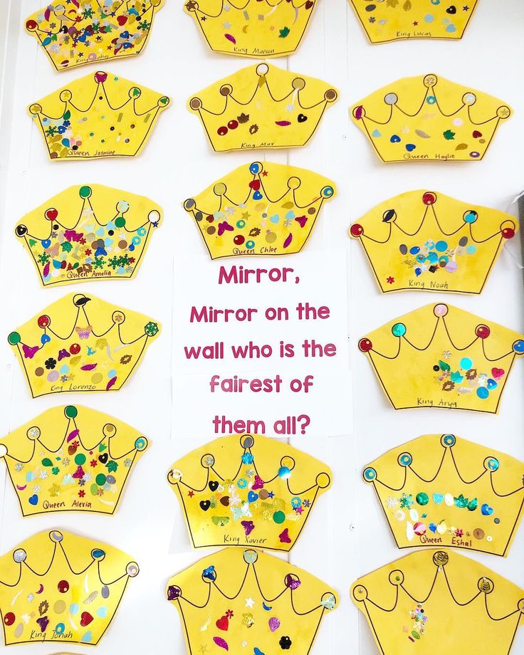 a bulletin board with lots of yellow crowns on it's sides and the words mirror, mirror on the wall who is the fairest of them all?