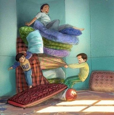 two children are playing in the corner of a room with mattresses stacked on top of each other