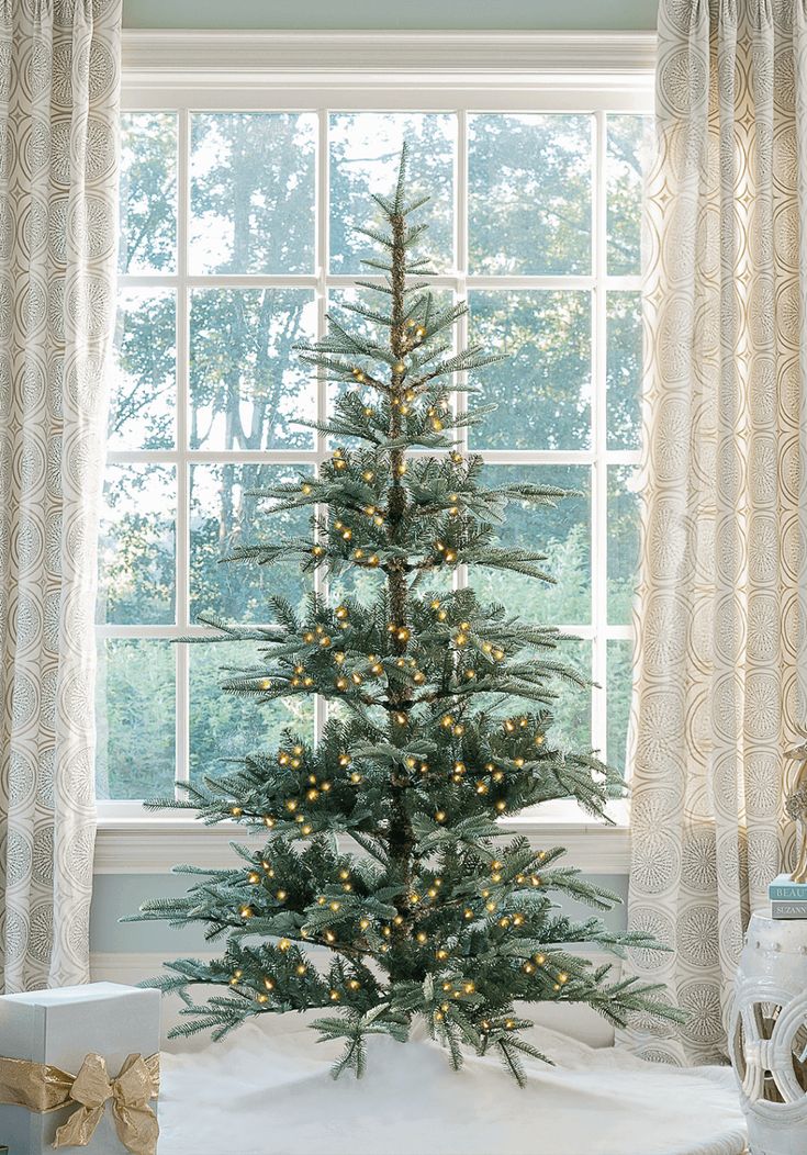 a decorated christmas tree in front of a window