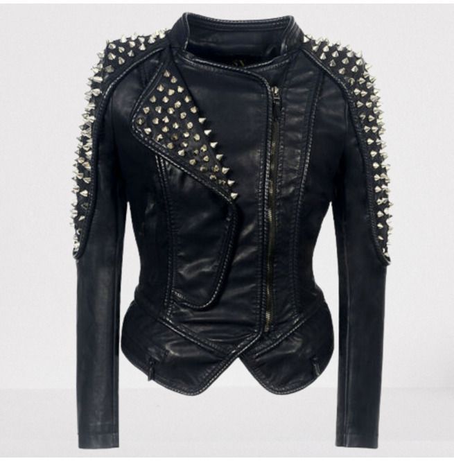 Gothic Women Black Leather Fashion Studded Jacket, Rock Fashion Jacket 40s Mode, Streetwear Coat, Stage Clothes, Motorcycle Jacket Women, Goth Outfit, Biker Coat, Studded Leather Jacket, Black Punks, Studded Jacket