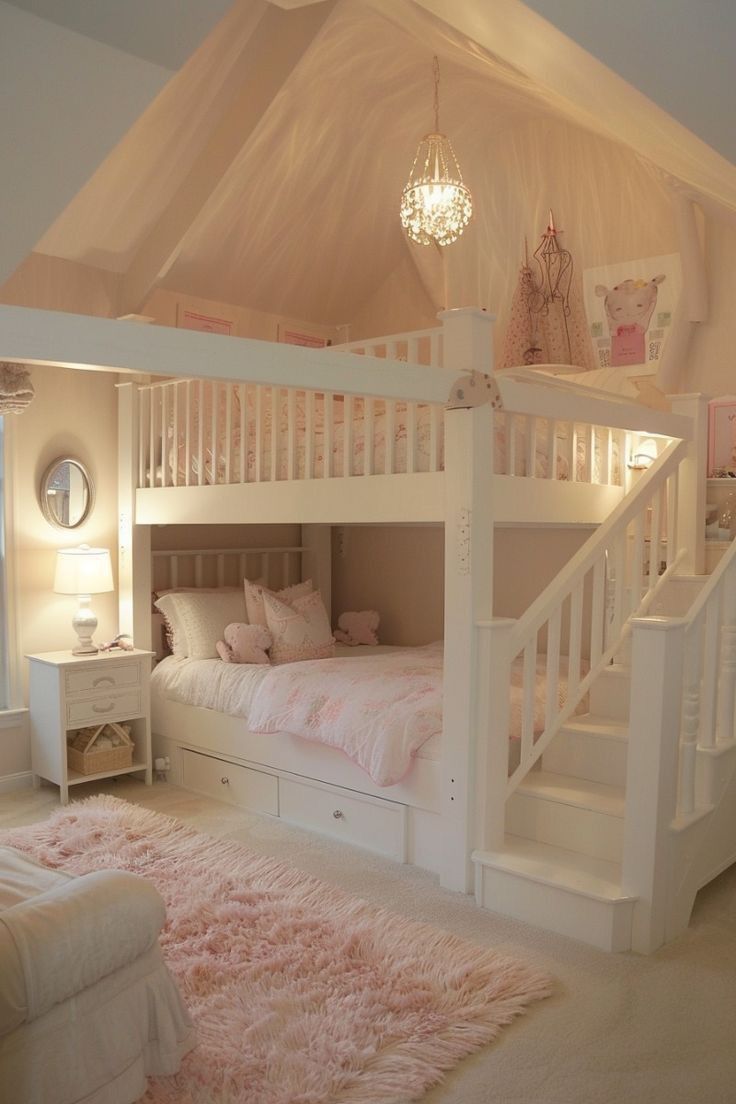 there is a loft bed with stairs in the room and pink rugs on the floor