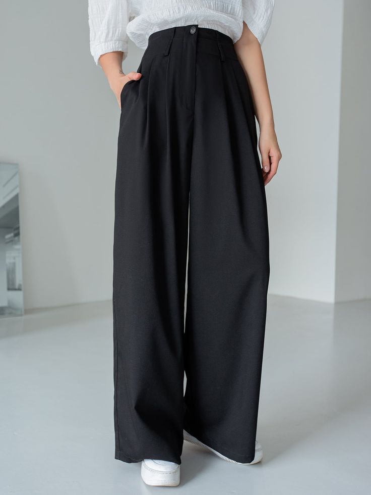 Black    Polyester Plain  Embellished Slight Stretch All Women Suits Black Slacks White Button Up Women, Wide Black Pants, Pants For School, Evening Pant Suits, Plus Size Birthday Outfits, Cute Pants Outfits, Wide Leg Tailored Pants, Women Suit Pants, Japanese Pants