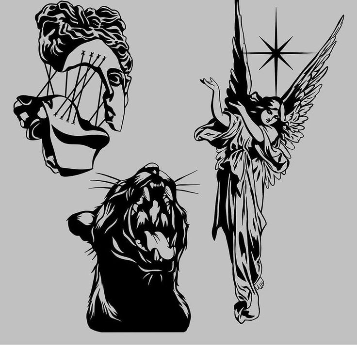 three black and white images of angels, an angel bear and a cat