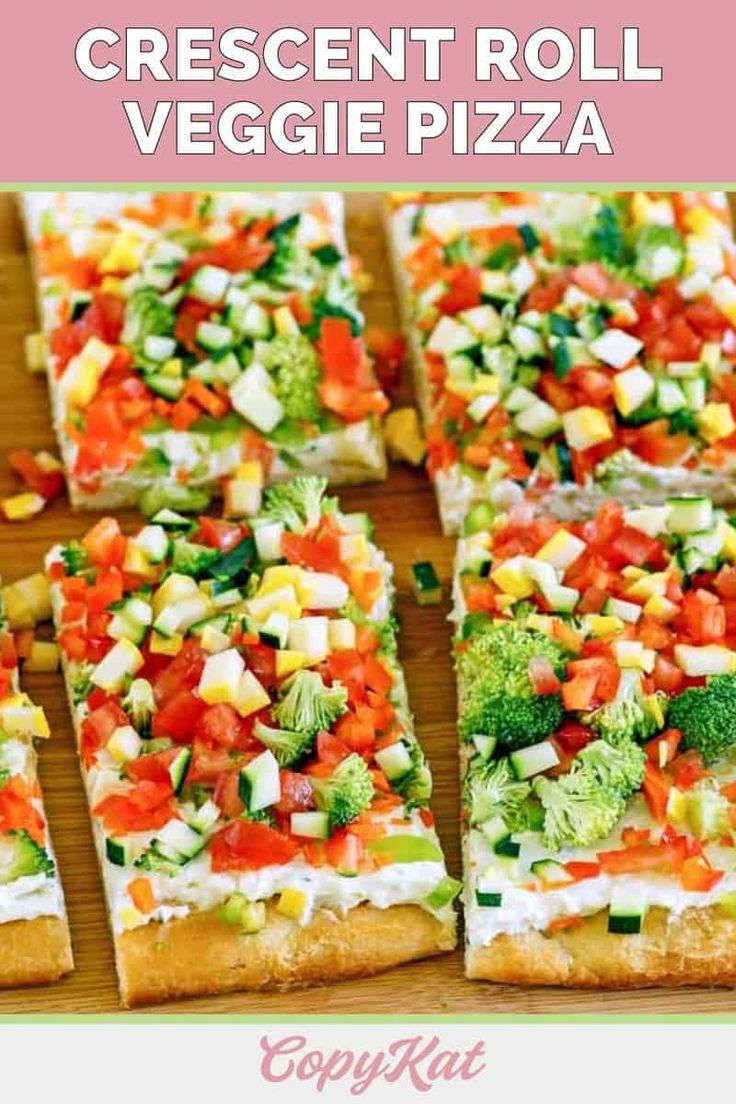 several pieces of pizza with veggies and cheese on them are arranged in the shape of rectangles