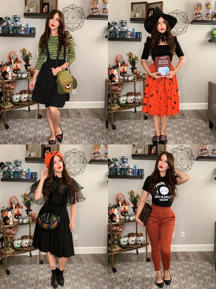 Halloween Style 2020: Vol.1 | Vintage Inspired Spooky Style Outfits Halloween Vintage Outfits, Halloween Theme Outfits Women, Spooky Work Outfit, Gothic Teacher Style, Outfits For Halloween Casual, Halloween Week Outfits, Retro Halloween Outfit, Halloween Color Outfits, October Inspired Outfits