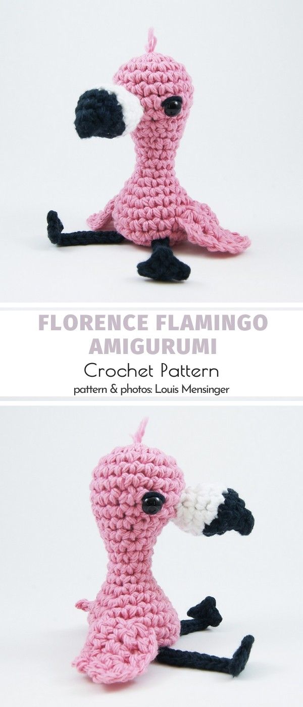 crochet pattern for a flamingo amigurmi doll sitting on its back legs