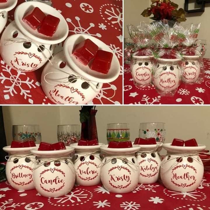 red and white christmas decorations with personalized items on the table, including jars filled with candy