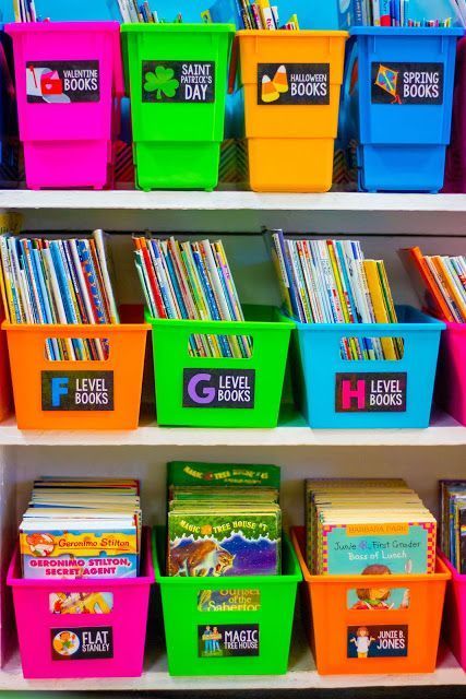 the shelves are filled with brightly colored books