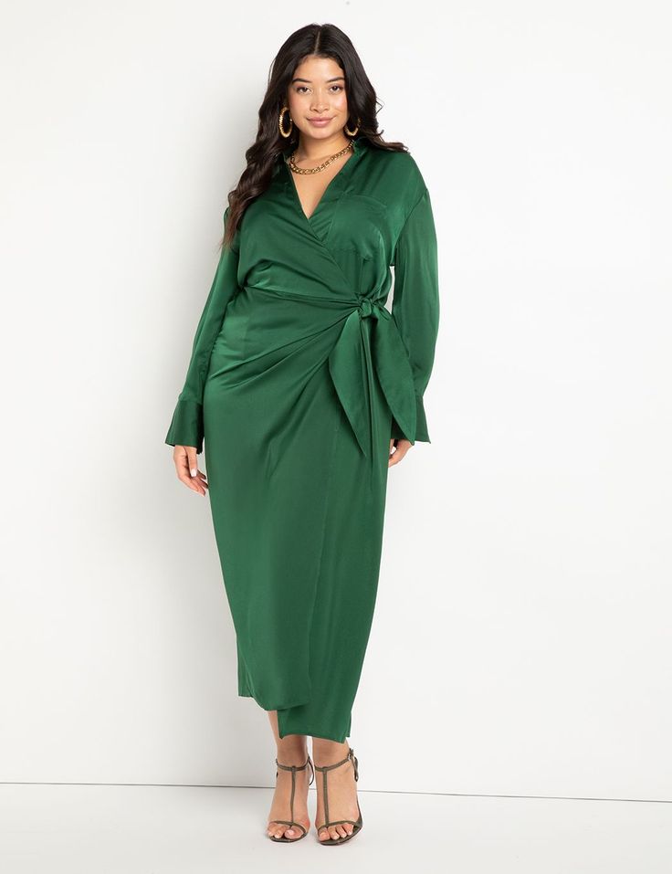 Satin Maxi Wrap Dress | Women's Plus Size Dresses | ELOQUII Dress Wrap Formal, Long Sleeve Wrap Dress Plus Size, Plus Size Silk Dress Formal, Wedding Guest Jacket Over Dress Satin, Plus Size Velvet Wrap Dress, Satin Dresses Plus Size Formal, Large Size Dresses Classy, Satin Dress Styling Plus Size, Elegant Wrap Dress Uk