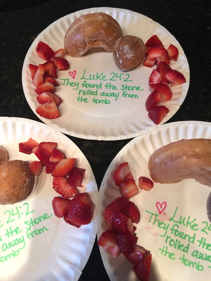 three paper plates with donuts, strawberries and doughnut holes written on them