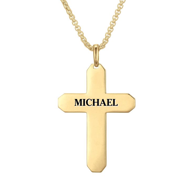 Luxury has never been so affordable… An impressive 23kt gold-plated cross pendant featuring YOUR name engraved on the back, so it's unique to you. The centerpiece of the pendant is a circular grid set with 6 genuine diamonds for a brilliant shine — another 10 genuine diamonds decorate the surrounding platinum-plated perimeter of the cross for a grand total of 16 genuine diamonds! The inner surface area of the pendant features a raised, gold-plated watch band pattern that adds depth to this maste Cross-shaped Name Jewelry For Anniversary, Anniversary Jewelry With Name And Cross Shape, Classic Cross Necklace As A Gift, Name-engraved Cross Jewelry For Anniversary, Classic Cross Pendant Necklace For Anniversary, Classic Cross Pendant Necklace As Gift, Personalized Gold Cross Jewelry, Classic Engraved Crucifix Cross Necklace, Personalized Gold Cross Jewelry Gift