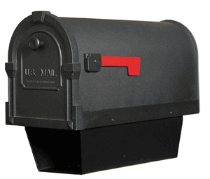 a black mailbox with a red letter on it