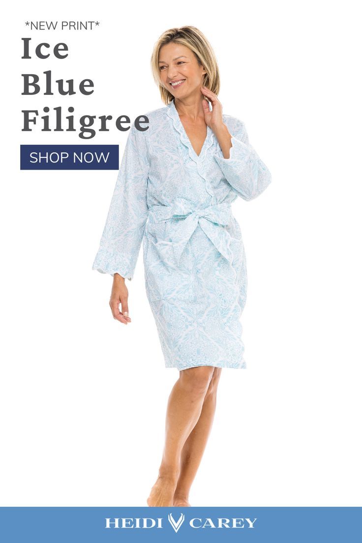 fashion, loungewear, home wear, Heidi Carey, clothing, comfort, style, trendy, fashionable, designer, sleepwear, robes, pajamas, nightshirts, lounging, relaxation, luxury, comfortable, stylish, modern, table linen, high-quality, table napkin, table setting, women's fashion, apparel, wardrobe, fashion trends, home decor, summer wear, summer, fall, autumn, spring wear, fashion over 40, luxury fashion, classic jewelry, chunky necklace, trendy fashion, celebrity fashion, classic fashion Blue Cotton Robe For Spring, Elegant Fitted Cotton Robe, Blue Cotton Robe For Relaxation, Blue Summer Robe For Relaxation, Fitted Cotton Robe For Daywear, Elegant Spring Cotton Robe, Fashion Group, Outfit Combinations, Red Carpet Looks