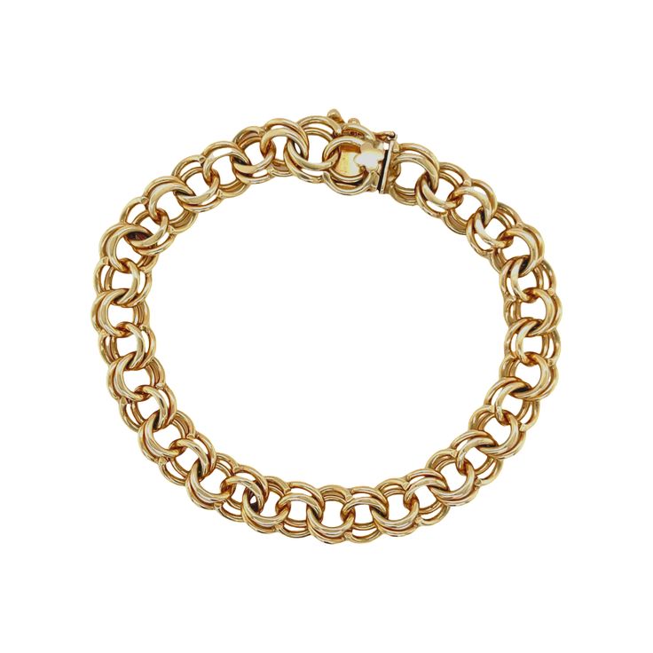 Vintage Double Link Charm Bracelet is the perfect statement bracelet to wear alone or stack. It's a heavy link bracelet with Solid Gold links. You can attach charms or wear alone. Always beautiful! 14k Solid Yellow Gold 7.5" in length Vintage Heavy Safety Clasp Yellow Gold Link Bracelets With Chunky Chain, Yellow Gold Chunky Chain Link Bracelet, Everyday Charm Bracelet With Rolo Chain, Classic Bracelets With Chunky Oval Link Chain, Classic Gold Link Bracelet With Rolo Chain, Chunky Chain Yellow Gold Bracelet, Classic Yellow Gold Bangle Charm Bracelet, Yellow Gold Jubilee Chain Link Charm Bracelet, Classic Yellow Gold Bracelets With Chunky Chain