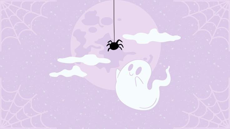 a spider hanging from a web in front of a full moon with clouds and a ghost