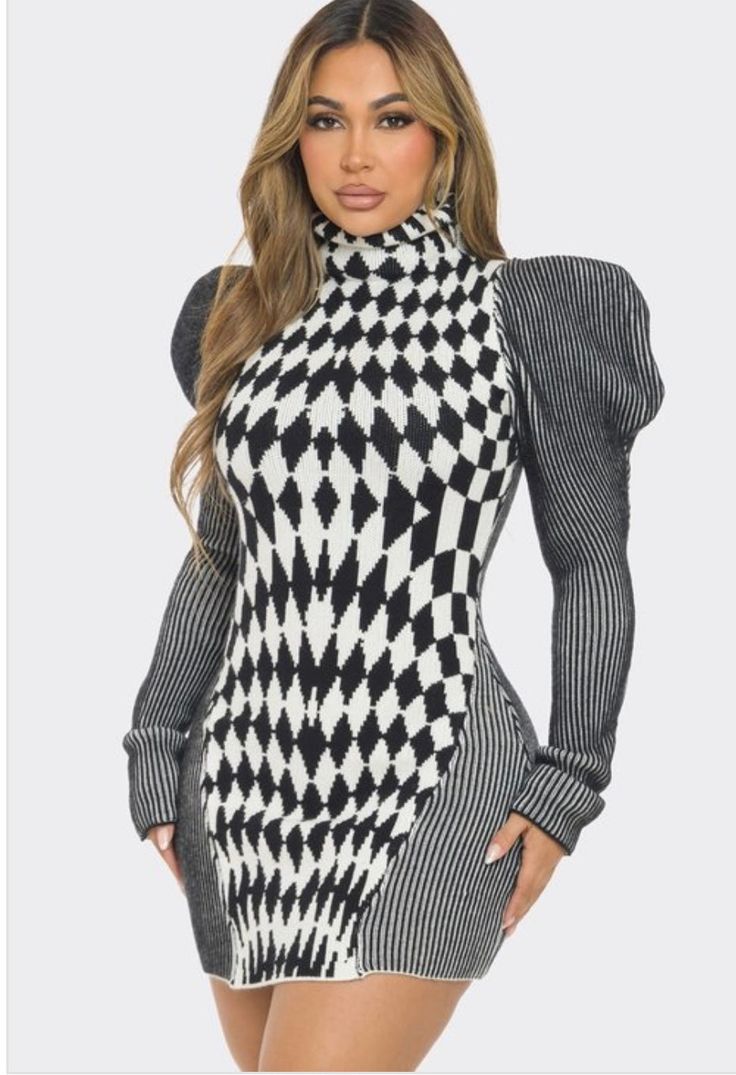 Long sleeve black and white checkered dress. Features high rounded neck and puffed sleeves. Dress is sweater material and pull over mini dress. This dress shipped out on 12/21 will be in stock 12/27 purchase now as pre order will ship out once it arrives Black Bishop Sleeve Mini Dress For Fall, Black Long Sleeve Plaid Dress, Fitted Black Plaid Long Sleeve Dress, Black Fitted Long Sleeve Plaid Dress, Chic Black Long Sleeve Plaid Dress, White Puff Sleeve Knee-length Dress For Fall, Fitted Black Plaid Dress For Fall, Winter Plaid Mini Dress, Fitted Plaid Puff Sleeve Dress