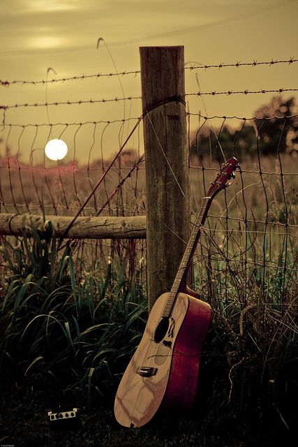 an acoustic guitar leaning against a fence post