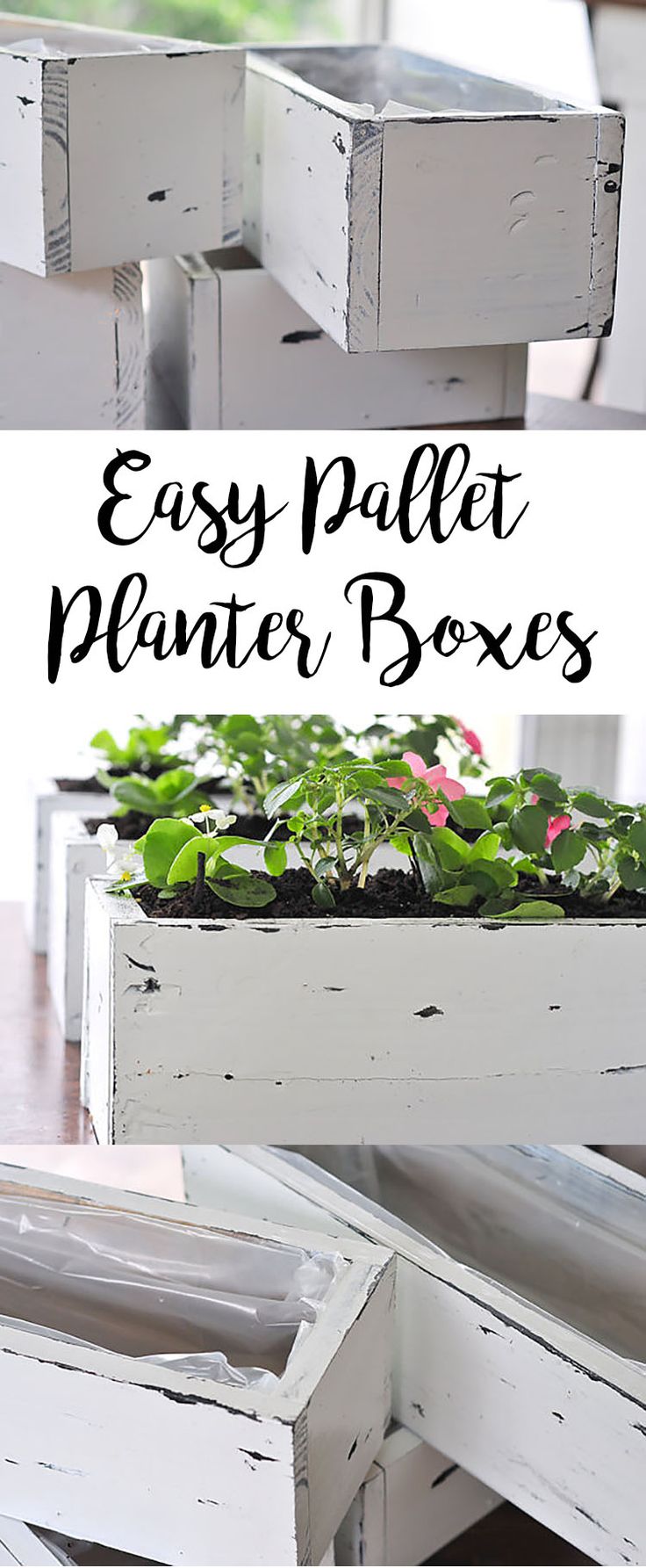 an easy pallet planter box with plants in it and the text overlay says easy pallet planter boxes