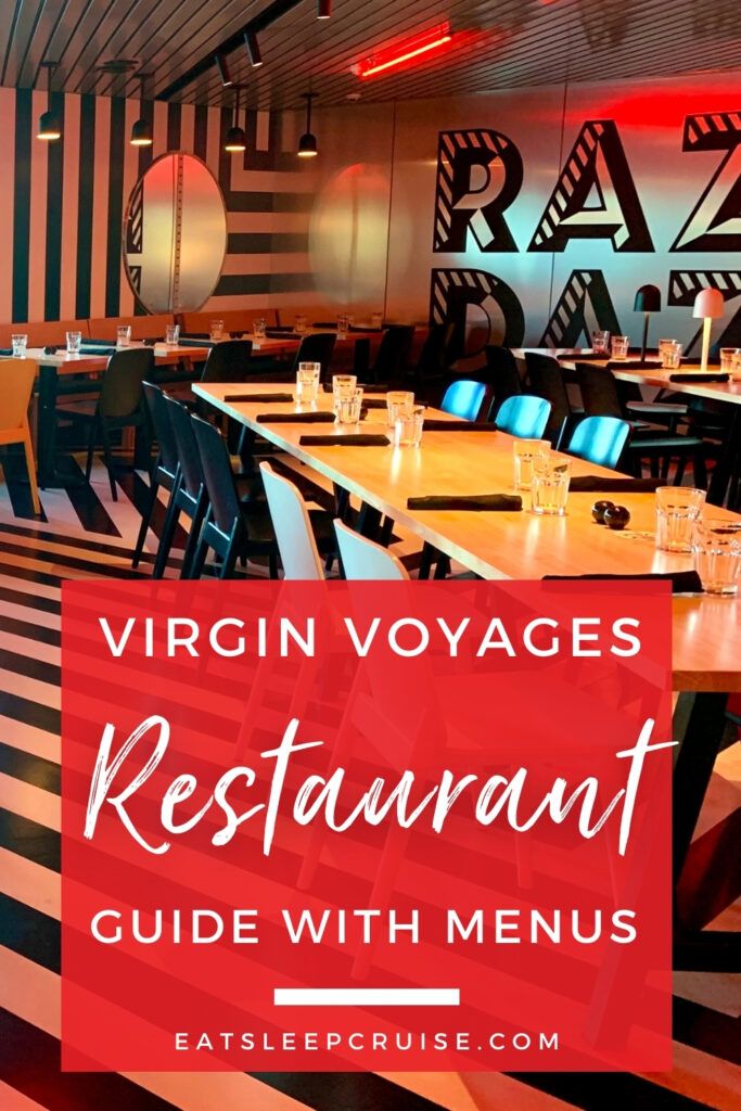 a restaurant with black and white stripes on the floor, red lettering that reads virgin voyage restaurant guide with menus