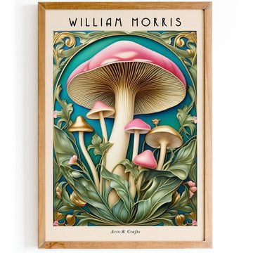 a painting on the wall with mushrooms and leaves in it's frame, which reads william