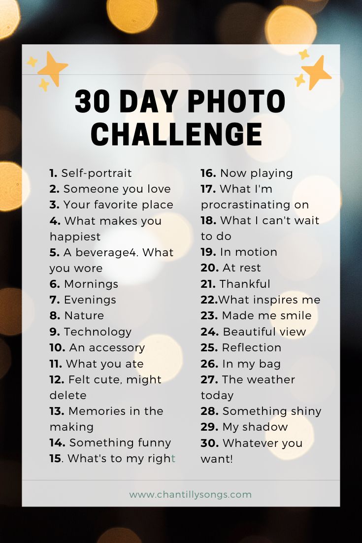 the 30 day photo challenge with text overlaying it and lights in the background