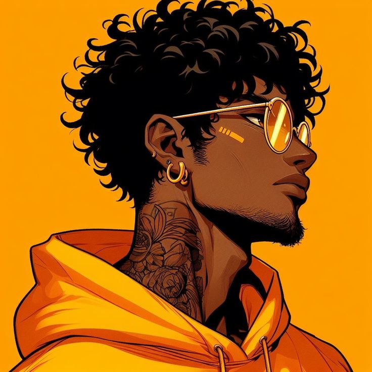 a drawing of a man with glasses and tattoos on his head, wearing an orange hoodie