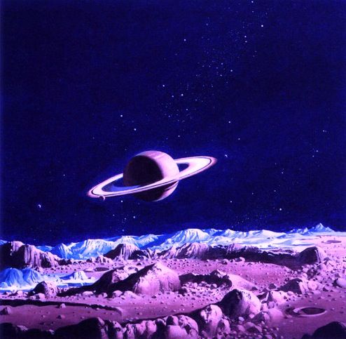 an artist's rendering of the planet saturn with mountains and rocks in the foreground