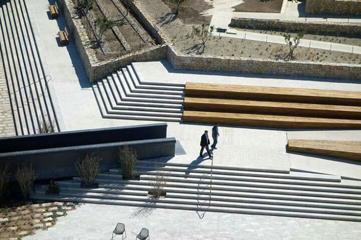 an aerial view of some benches on the ground