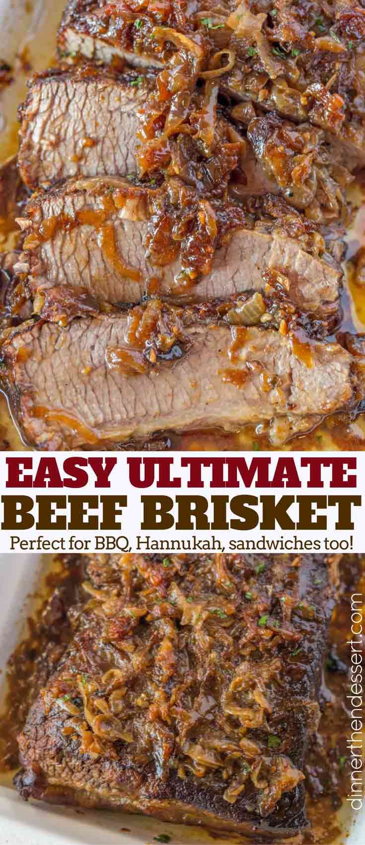 beef brisket with bbq sauce in a white casserole dish