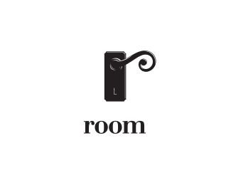 the word room is written in black and white, with an image of a door