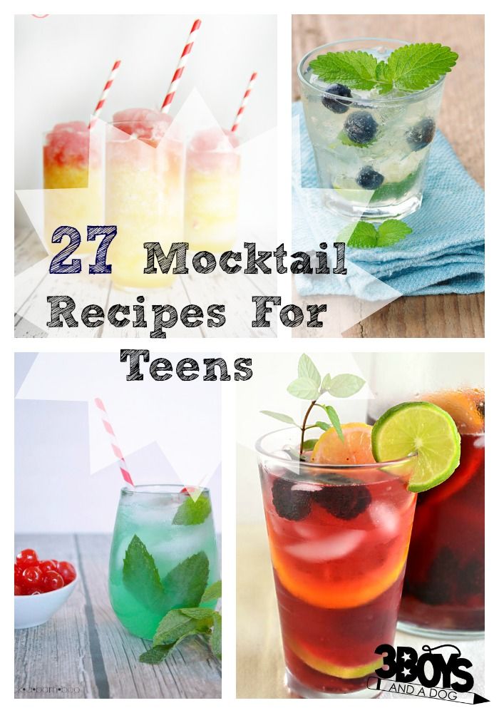 different types of drinks with text overlay that reads 27 cocktail recipes for teens