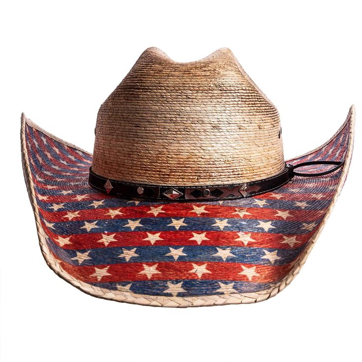 If you love this country, you'll love this Patriot hat! A straw cowboy hat with stars and stripes on the brim with a tasteful black and brown hatband. Also has silver pieces on the hatband Western Style Sun Hat For Rodeo, Summer Hat Bands For Western-themed Events, Country Style Fedora For Country Concerts, Americana Curved Brim Hat For 4th Of July, Western Style Straw Cap For Country Events, Americana Style Curved Brim Hat For 4th Of July, American Style Adjustable Hat With Flat Brim, 4th Of July Americana Hat With Curved Brim, Curved Brim Hats For Country Festivals