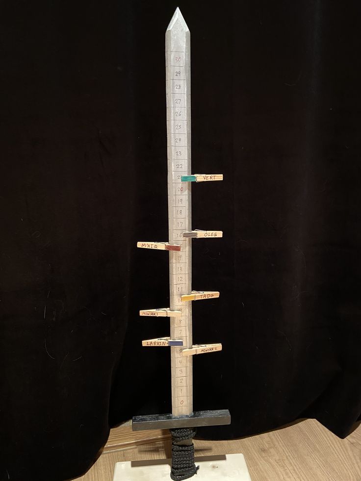 a tall wooden pole with several different types of rulers on it's sides