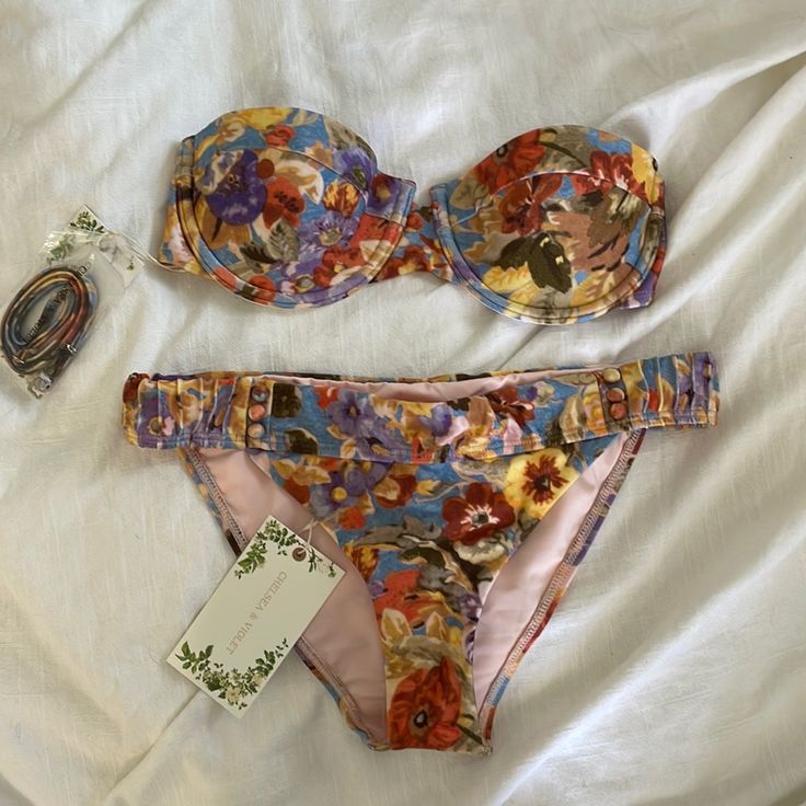 Chelsea & Violet Floral Velvet Bikini Set. Top Is Size S. Bottom Is Size M. Never Worn - Still Has All Tags And Hygienic Liner. Top Gives Such A Pretty Lift With Underwire Detail. Top Comes With Strap To Make It A Halter. Cheeky To Medium Coverage For Bottoms. Bohemian Fitted Swimwear For Beach Party, Fitted Bohemian Swimwear For Beach Party, Fitted Bohemian Swimwear For Party, Summer Bandeau Swimwear Fitted, Fitted Bandeau Swimwear For Summer, Fitted Bohemian Swimwear With Floral Print, Bohemian Floral Print Fitted Swimwear, Bohemian Fitted Swimwear For Sunbathing, Bohemian Fitted Swimwear For Spring