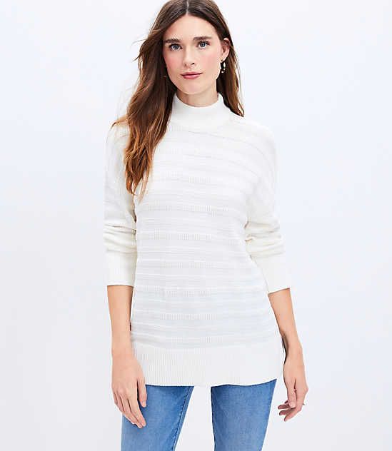 A pulled-together mock neck perfects the cool and comfy polish of this understated tunic sweater. Mock neck. Long sleeves. Side slits.,Bullet1:Sweater weight: Midweight,Bullet2:25 1/2" long,Fabric:Fabric: Soft knit,Imported:Imported,Fit:Fit: Relaxed — an easy shape that's just shy of loose,Length:Length: Tunic - hits at thigh,Fabrication:60%Cotton 40%Acrylic,Garment Care:Machine Washable Loft Textured Stripe Mock Neck Tunic Sweater Size XS Whisper White Women's by Loft Size Regular - XS Whisper White Women's Mockneck, Long, Sleeve, Tunic, Sweaters, 60%Cotton, 40%Acrylic, Machine, Washable Best Fall Sweaters Tunic Sweaters, Easy Shape, Summer Sweaters, Whisper White, Detailed Sweater, Knit Tunic, Tunic Sweater, Fall Sweaters, New Tops