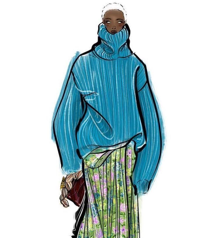 a drawing of a woman in a blue sweater and skirt with her hand on her hip