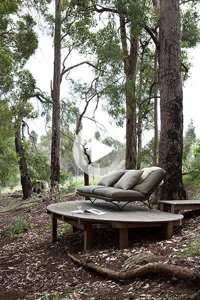 two lounge chairs sitting in the middle of a forest