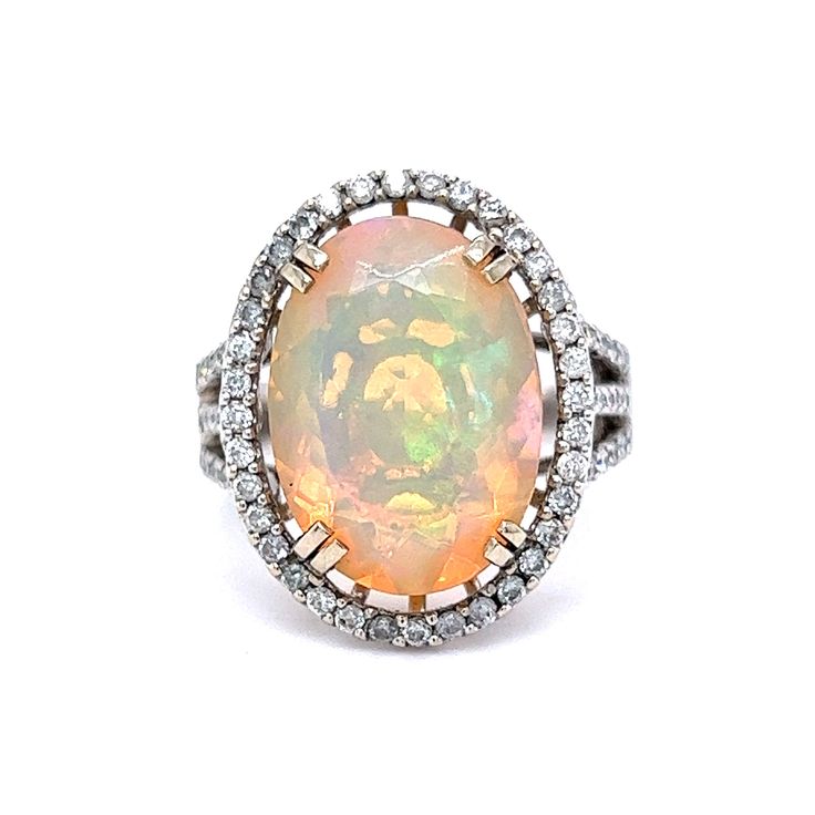 Right Hand Ring Modern 5.57 Oval Cut Opal & 1.17 Round Brilliant Cut Diamonds in 14k White Gold Magical Ring, Brilliant Cut Diamond Ring, Right Hand Rings, Shop Engagement Rings, Opal Jewelry, Round Brilliant Cut Diamond, Brilliant Cut Diamond, Earings Piercings, Statement Ring