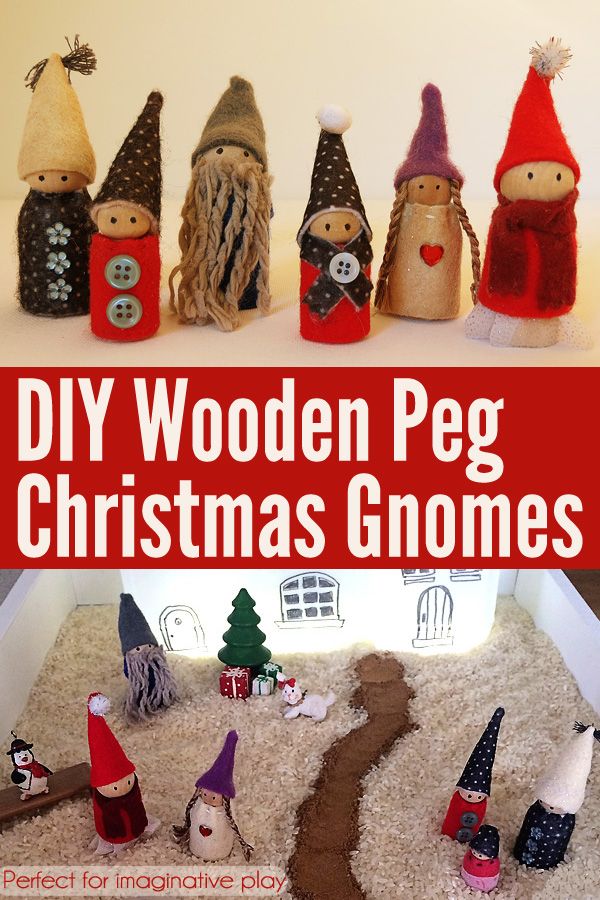 the diy wooden peg christmas gnomes are on display