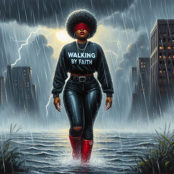 a painting of a woman walking in the rain with an afro haircut and red boots