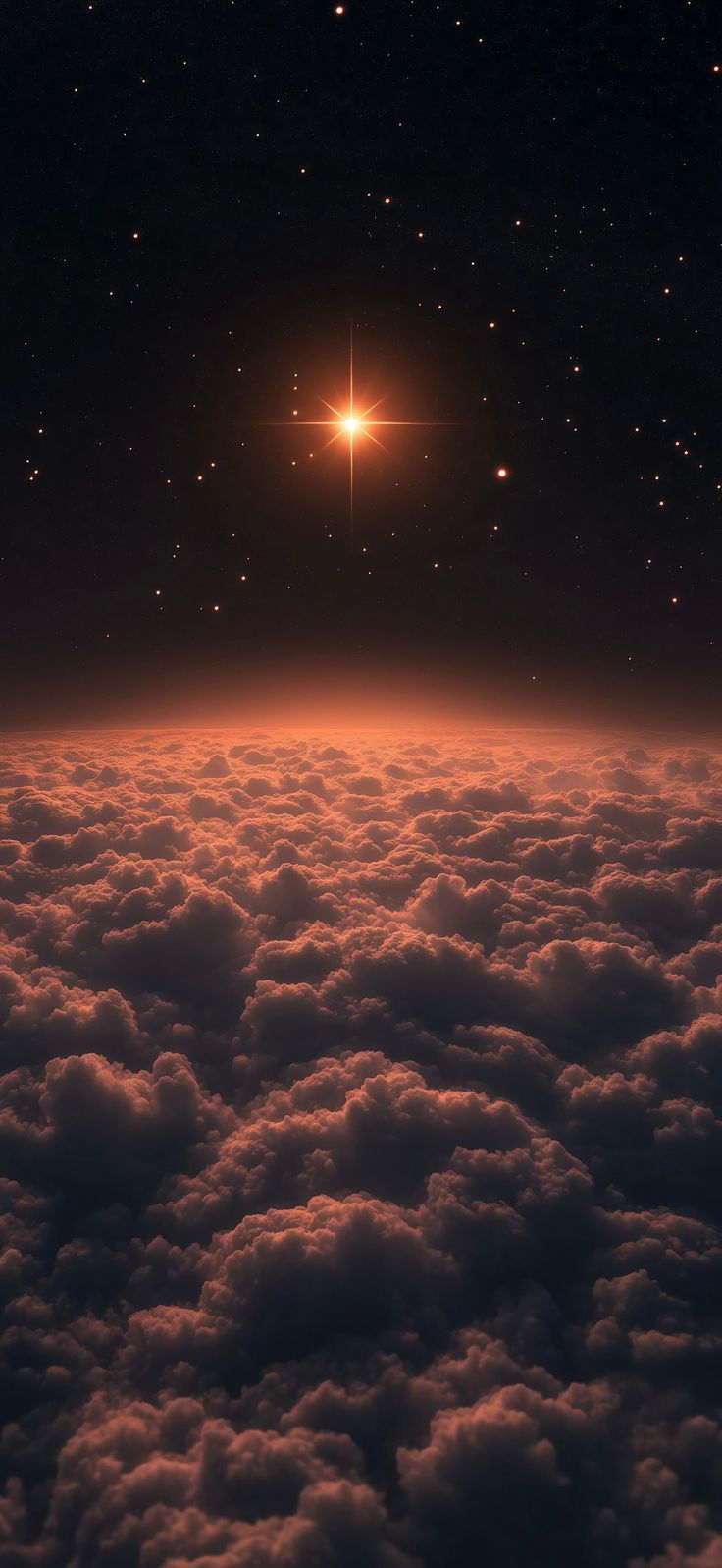 the sun is shining above the clouds in the night sky, with stars on top