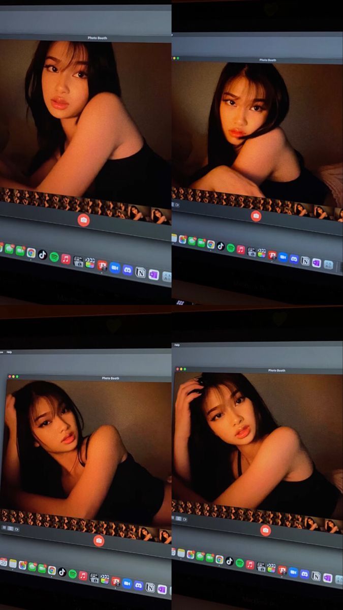 multiple images of a woman with long hair sitting in front of a laptop computer screen