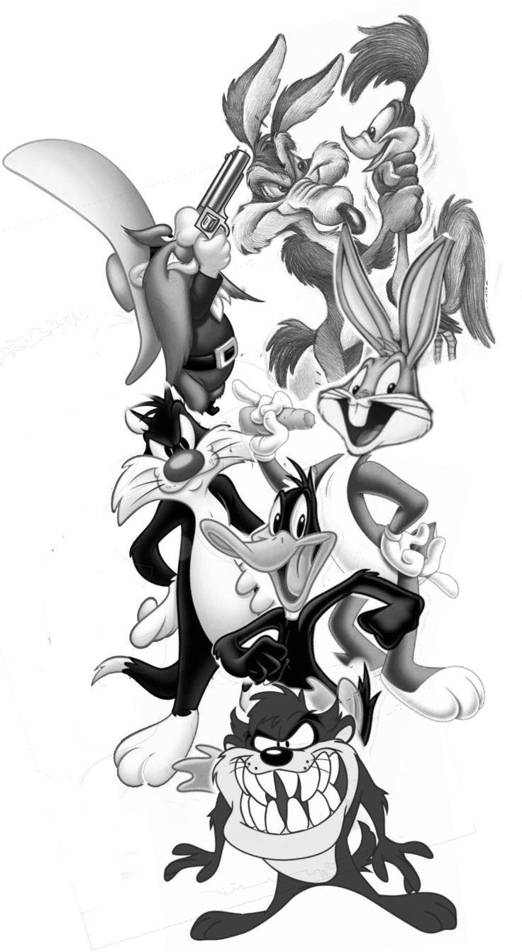 an image of cartoon characters in black and white