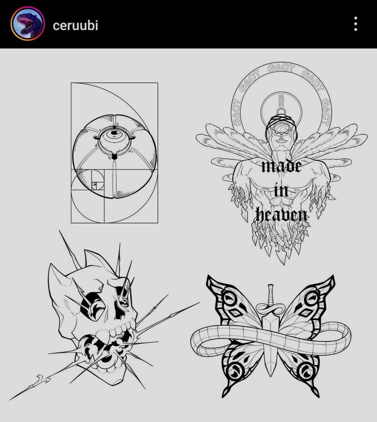 four different tattoo designs, one with a cat and the other with a butterfly on it