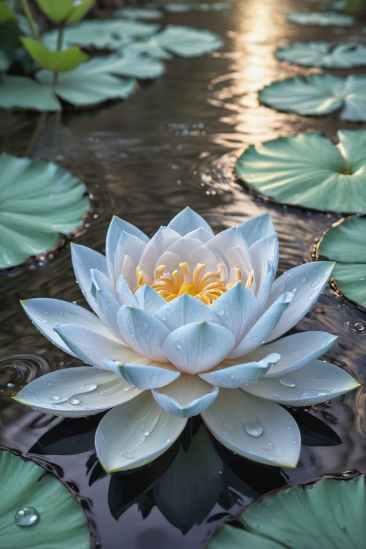 a large white water lily floating on top of a lake