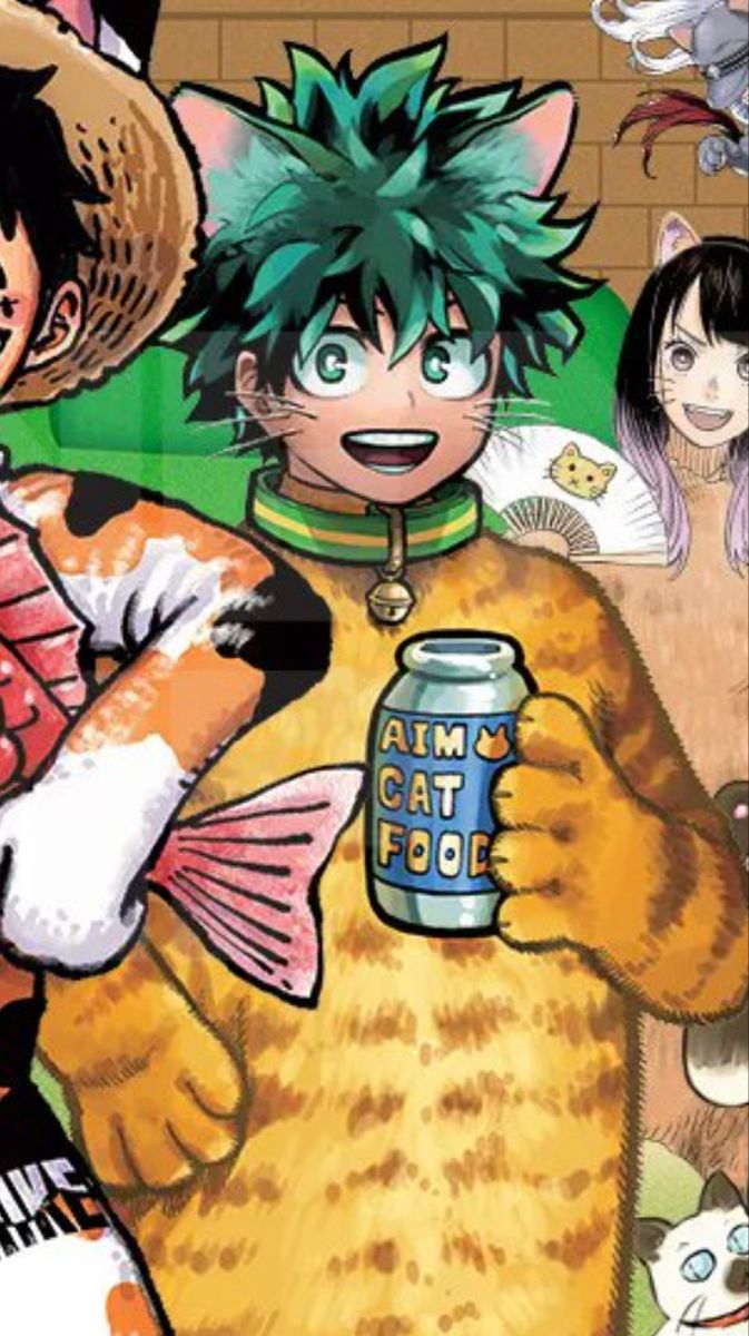 an anime character is holding a cat and a canned drink in front of other characters