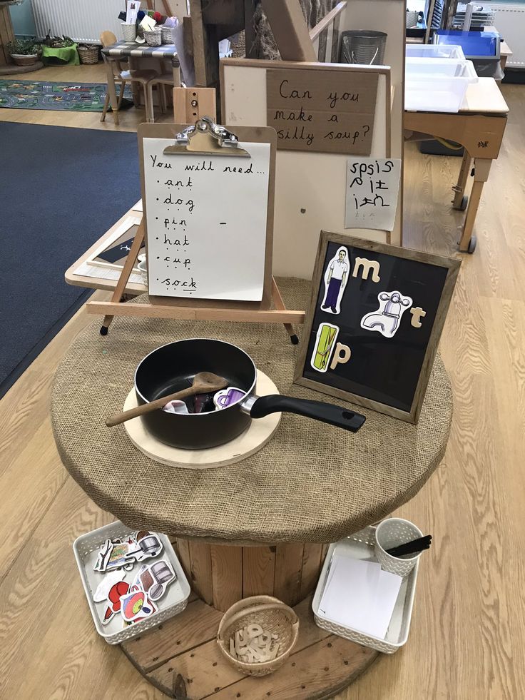 a table with various items on it in a room filled with wooden floors and walls