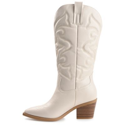 A classic cowgirl bootie reimagined for the modern fashionista, the Chantry by Journee Collection. This pointed-toe boot with western stitch details and soft vegan leather is the most stylish way to embrace your country roots. A block heel and a 4 mm Tru Comfort Foam footbed add comfortable height to this mid-calf design. | Journee Collection Women's Chantry Boots, Beige, 10M Classic Cowgirl, Boots Beige, Pointed Toe Boots, Comfortable Boots, Journee Collection, List Style, Mid Calf, Comfortable Shoes, Bootie